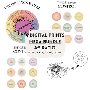 Könnte beinhalten: Vier druckbare Poster im Verhältnis 4:5, mit einem Gefühlsrad, einer Liste von Dingen, die Sie nicht kontrollieren können, einer Liste von Dingen, die Sie kontrollieren können, und einer verworrenen Linie mit dem Wort "Therapie" am Ende. Die Poster sind für ein digitales Druck-Mega-Paket konzipiert und in den Größen 8x10, 12x15, 16x20, 24x30 Zoll erhältlich.