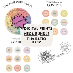 Könnte beinhalten: Vier druckbare Poster mit einem motivierenden Thema. Die Poster zeigen ein Gefühlsrad, eine Liste von Dingen, die Sie kontrollieren können, eine Liste von Dingen, die Sie nicht kontrollieren können, und eine verworrene Linie mit dem Wort "Therapie" am Ende. Die Poster sind im Format 11x14 Zoll gestaltet.