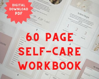 Könnte beinhalten: Ein digitales Selbstpflege-Arbeitsbuch in Rosa und Weiß mit dem Titel "60 Page Self-Care Workbook" in roter Schrift. Das Arbeitsbuch enthält Abschnitte zu Handlungsschritten, Arten der Selbstpflege und dem Selbstpflege-Rad.