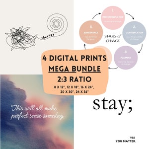Könnte beinhalten: Ein digitales Druckbundle mit vier Designs. Enthält eine Strichzeichnung eines verschlungenen Gekritzels mit dem Wort "therapy", ein Aquarelldesign, ein Diagramm der Phasen des Wandels und das Wort "stay". Erhältlich in verschiedenen Größen.