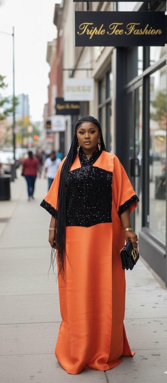オレンジ ミカド ブーブー ドレス |スパンコールアフリカンカフタン