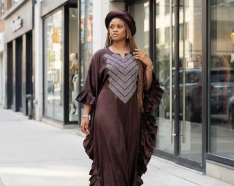 Crystal Duchess Silk Boubou Dress | African Kaftan with Headband
