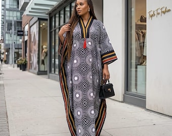 Handmade Ankara Brocade Kaftan Dress | African Print Boubou with Headband