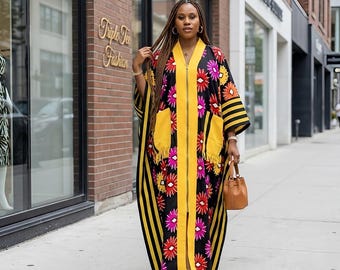 Handmade Ankara Brocade Kaftan Dress | African Print Boubou with Headband