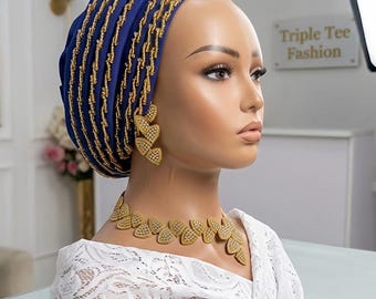 Duchess Silk Turban Hat| Hand beaded | Pre-tied African Headwrap