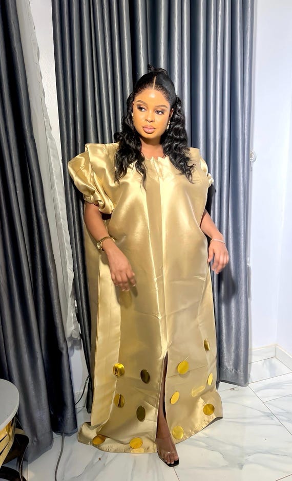 Champagne Gold Mikado Boubou | African Kaftan Dress with Headband Champagne Gold Mikado Boubou | African Kaftan Dress with Headband