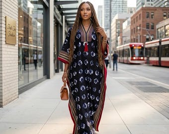 Handmade Ankara Brocade Kaftan Dress | African Print Boubou with Headband
