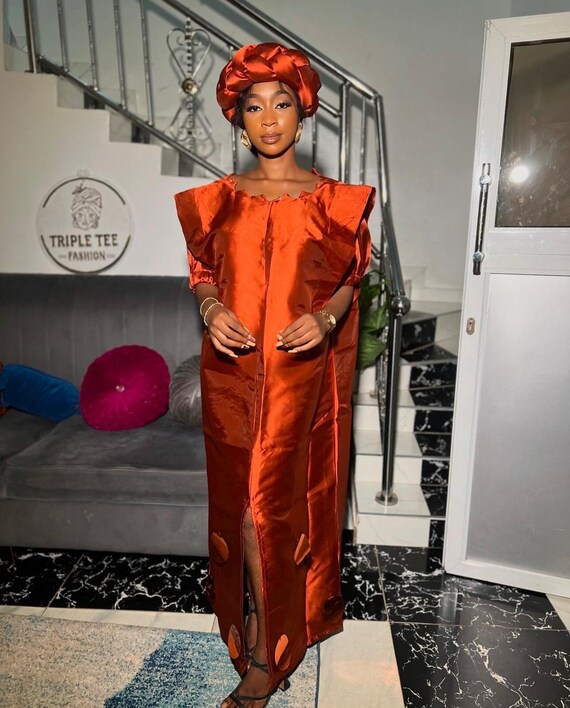 Burnt Orange Mikado Boubou | African Kaftan Dress With Headband - Etsy