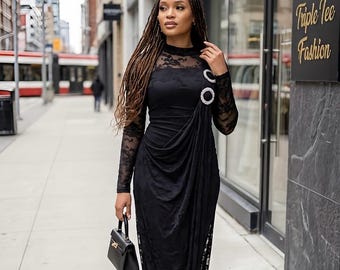 Elegant Black Mesh Maxi Dress with Draped Overlay | Long Sleeve Formal Evening Gown | Modest Wedding Guest Dress | Special Occasion Dress