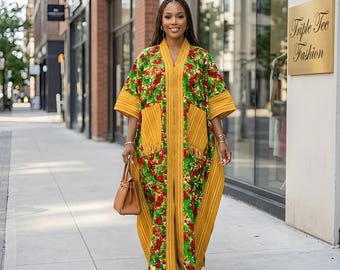 Handmade Ankara Brocade Kaftan Dress | African Print Boubou with Headtie