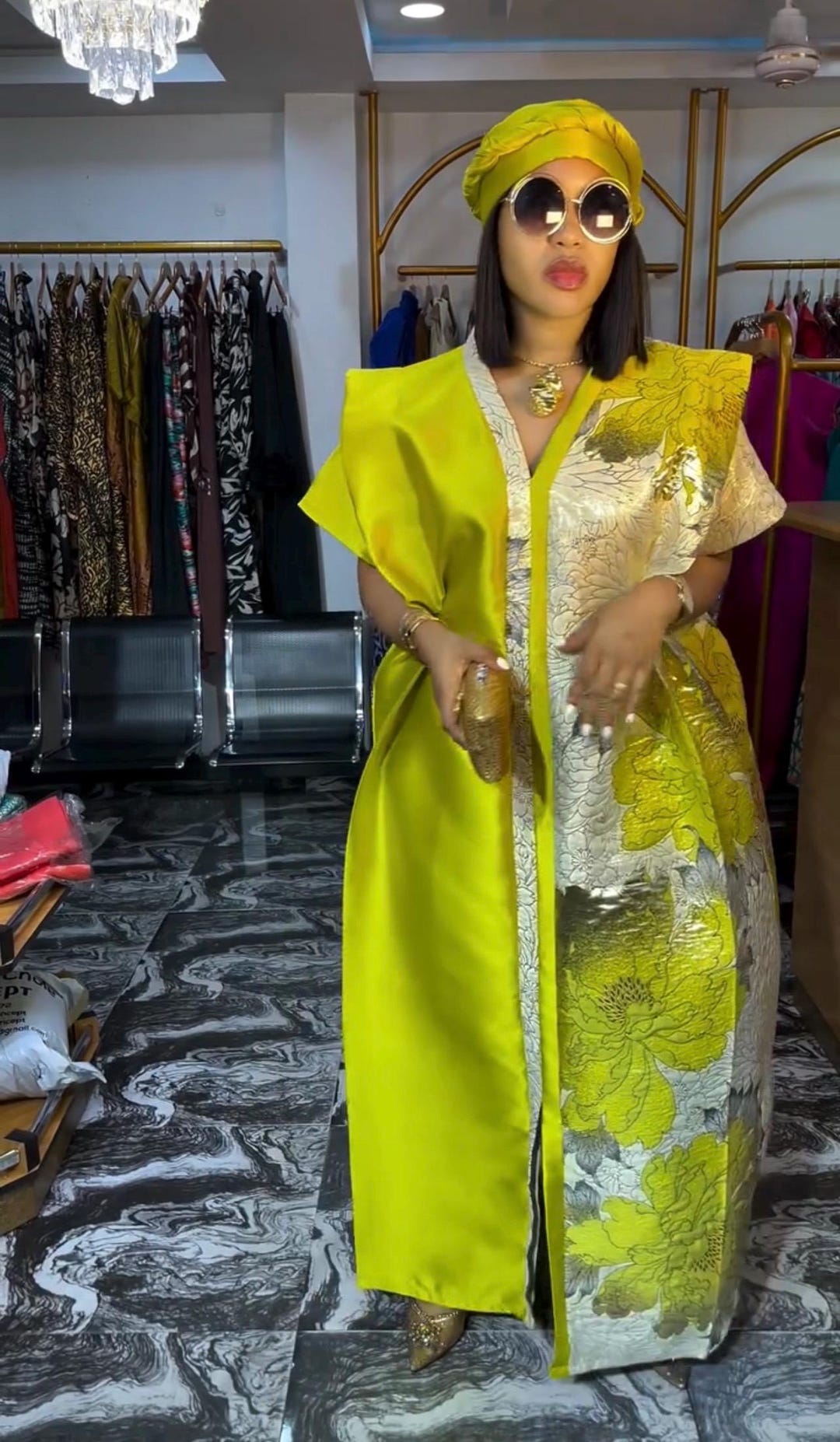 Gold Arike Damask Brocade Boubou – Luxury African One-Size-Fit-All Kaftan for Women