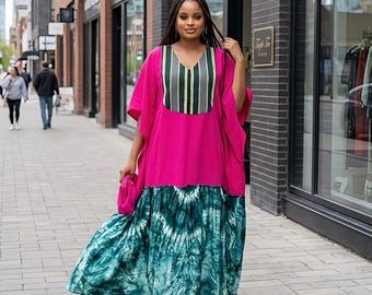 Crepe and Adire Boubou Kaftan Dress | Aso Oke Neckline, Adire Hem