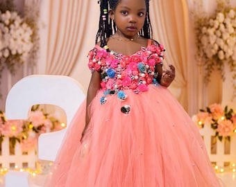 Pink Floral Princess Dress for 3-Year-Old Birthday | Embellished Tulle Gown