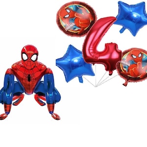 Superhero Spiderman 3D Stand Airwalker with 4th Birthday Balloons for Kids Boys Party Supply Decoration