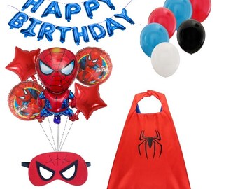 Feliz cumpleaños para niños, máscara de Spiderman, capa, globos, pancarta