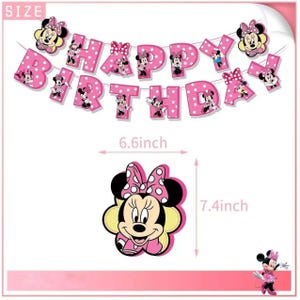 May include: A pink and white polka dot "Happy Birthday" banner featuring Minnie Mouse character cutouts. The banner is approximately 16.8 cm wide and 18.8 cm tall. Additional Minnie Mouse cutouts are included.