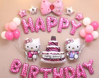 Globos rosas de Hello Kitty, pancarta, artículos de decoración para fiestas de cumpleaños