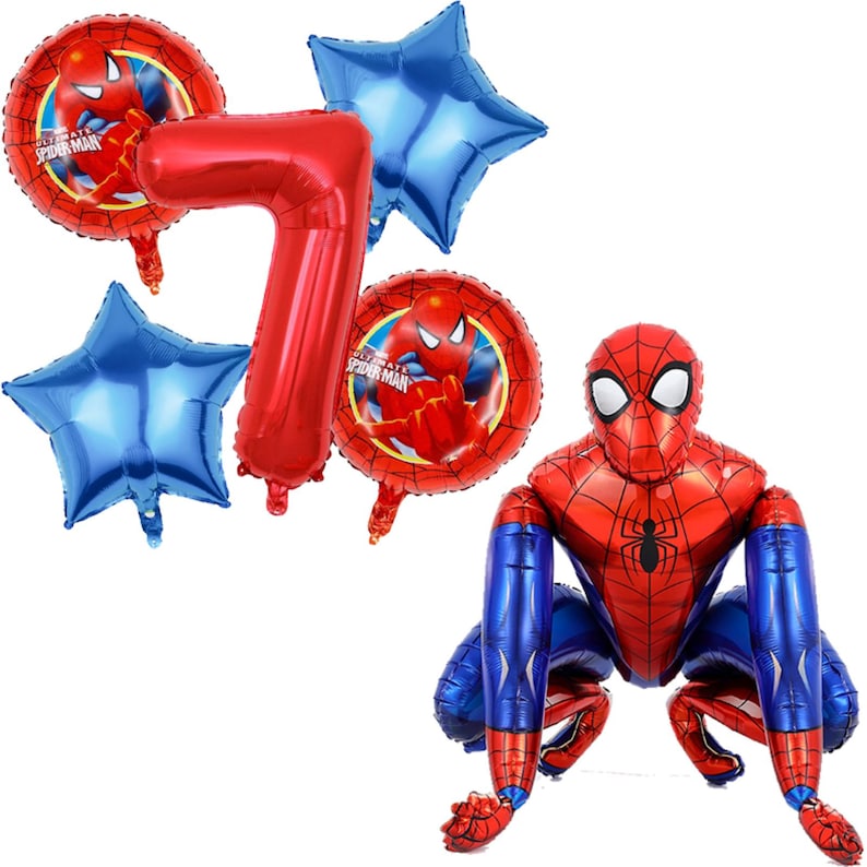 May include: A collection of Spider-Man themed balloons. Includes two red round balloons with Spider-Man graphics, two blue star-shaped balloons, a red number 7 balloon, and a large Spider-Man figure balloon in red and blue.