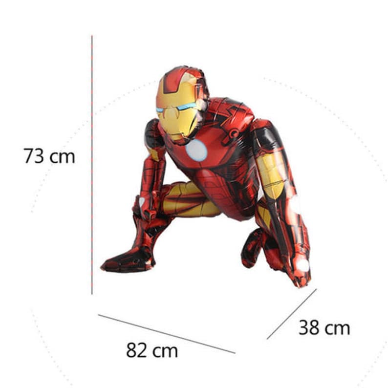 K&ouml;nnte beinhalten: Roter und goldener Iron Man Folienballon in einer hockenden Pose. Der Ballon ist 73 cm hoch, 82 cm breit und 38 cm tief.