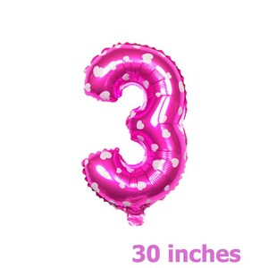 May include: Pink foil balloon shaped like the number 3 with white heart-shaped confetti. The balloon is 30 inches tall.