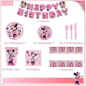 May include: A pink Minnie Mouse party set, including a banner, plates, cutlery, cups, napkins, and a tablecloth. The set features Minnie Mouse illustrations and the words "Happy Birthday".