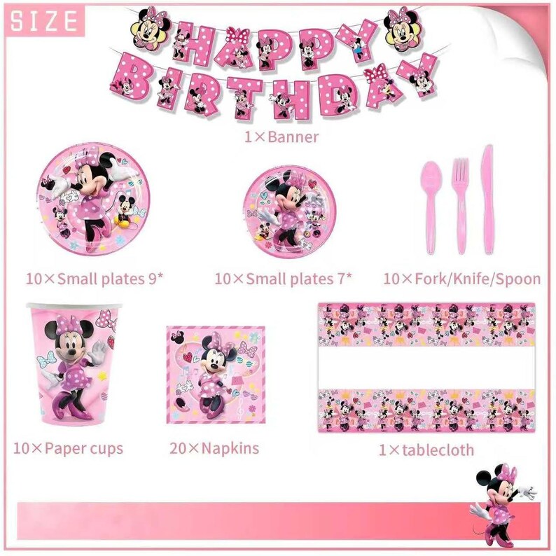 May include: A pink Minnie Mouse party set, including a banner, plates, cutlery, cups, napkins, and a tablecloth. The set features Minnie Mouse illustrations and the words "Happy Birthday".