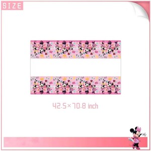 May include: Pink rectangular fabric featuring a pattern of Minnie Mouse characters, crowns, hearts, and bows. The fabric measures 108 x 180 cm. The word "SIZE" is in the upper left corner.
