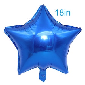 May include: A vibrant blue star-shaped balloon, approximately 18 inches in size. The balloon is made of a shiny, reflective material. The number "18in" is printed in a teal color on the upper right side of the balloon. Perfect for parties and celebrations.