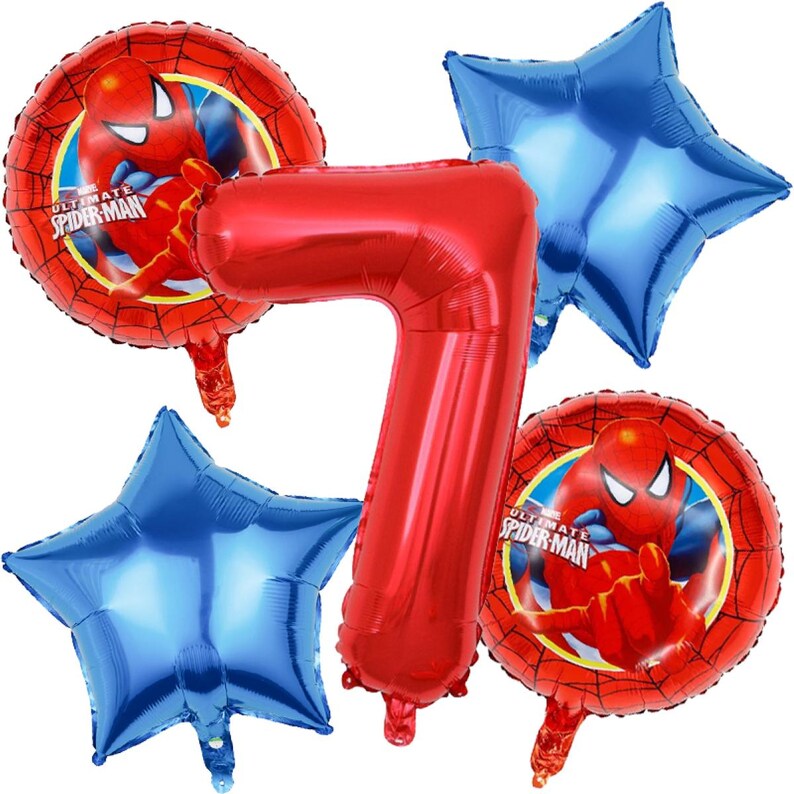 May include: A set of festive balloons featuring a red number 7, two round Spider-Man balloons, and two blue star-shaped balloons. The Spider-Man balloons have a red and blue color scheme with the text "ULTIMATE SPIDER-MAN".