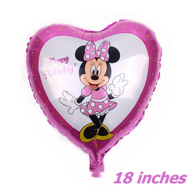 May include: Pink heart-shaped foil balloon with a Minnie Mouse character graphic. The balloon says "Happy Birthday!" and is 18 inches in size.