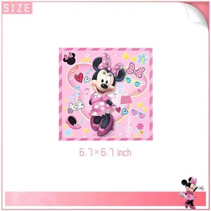May include: A pink square featuring Minnie Mouse in a polka-dot dress and bow. The image includes musical notes, hearts, and bows. The size is 17 x 17 cm.
