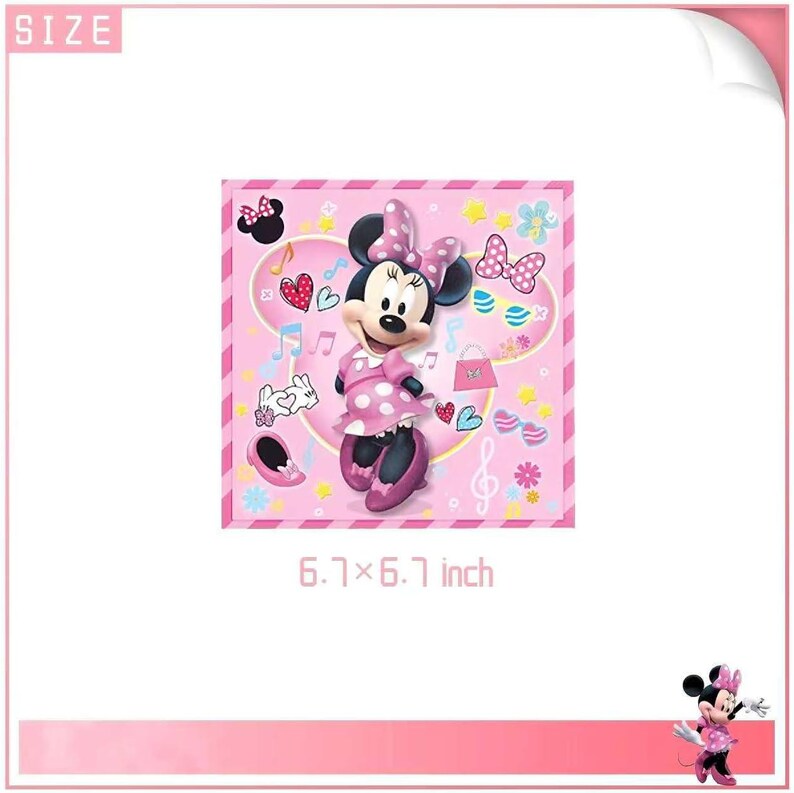 May include: A pink square featuring Minnie Mouse in a polka-dot dress and bow. The image includes musical notes, hearts, and bows. The size is 17 x 17 cm.