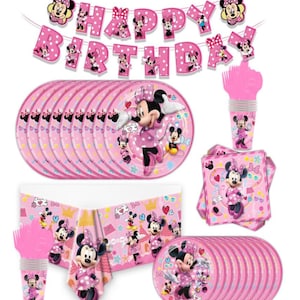 May include: A pink Minnie Mouse themed party set. Includes plates, cups, napkins, forks, and a tablecloth. A banner that says "Happy Birthday" is also included. The plates, cups, and napkins feature Minnie Mouse.