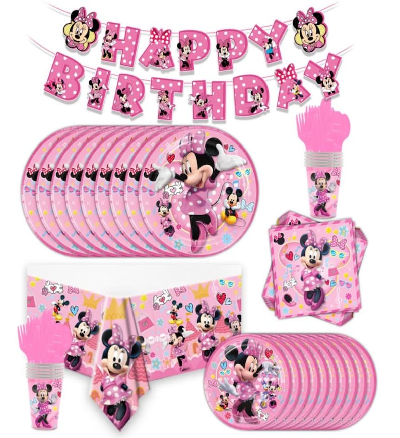 May include: A pink Minnie Mouse themed party set. Includes plates, cups, napkins, forks, and a tablecloth. A banner that says "Happy Birthday" is also included. The plates, cups, and napkins feature Minnie Mouse.
