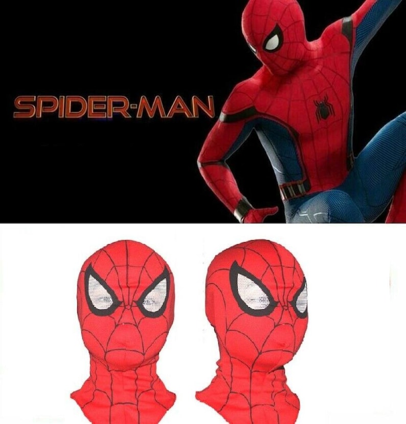 Op de afbeelding: Twee rode en zwarte Spider-Man-maskers met een wit gaas over de ogen. De maskers zijn gemaakt van een rekbaar materiaal en bedekken het hele hoofd.