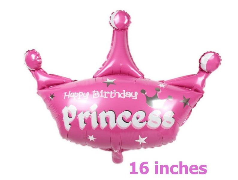 May include: Pink crown shaped foil balloon with the text "Happy Birthday Princess" and silver stars. The balloon is 16 inches.