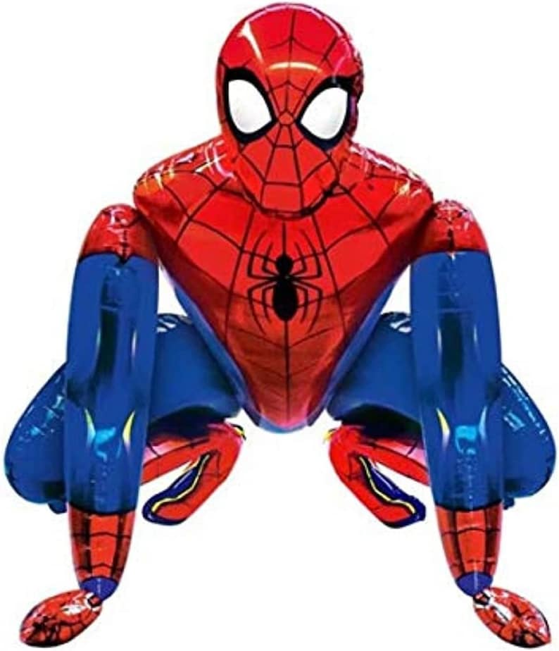 K&ouml;nnte beinhalten: Ein roter und blauer Folienballon in Form von Spiderman in einer hockenden Pose. Der Ballon hat ein detailliertes Design von Spidermans Anzug, einschlie&szlig;lich seiner Maske, seines Netzdesigns und seines Spinnenlogos.