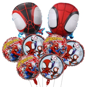 Op de afbeelding: Een verzameling Spider-Man-ballonnen. Twee grote hoofd-vormige ballonnen, één rood en één zwart, staan bovenaan. Daaronder ronde ballonnen met Spider-Man-afbeeldingen en de tekst "Spider-Man". De ballonnen zijn rood, blauw en wit.