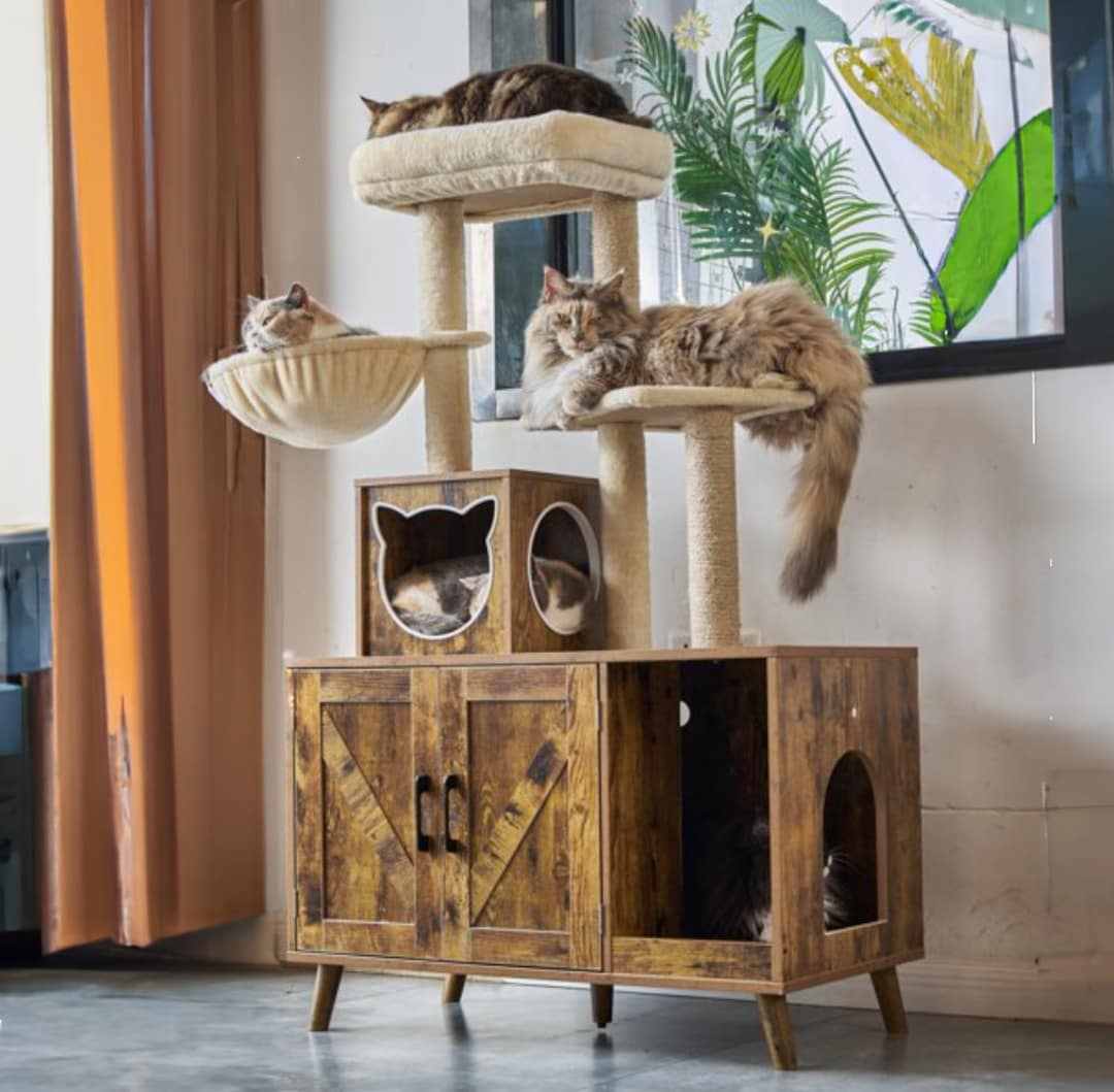 Cat Tree With Litter Box Enclosure Hidden Cat Washroom With Etsy