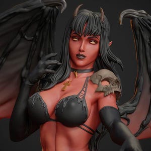 Może przedstawiać: Cyfrowe renderowanie artystyczne żeńskiego demona z czerwoną skórą, czarnymi włosami i dużymi czarnymi skrzydłami. Nosi czarny biustonosz, choker i rękawiczki. Czaszka zdobi jej ramię, a złoty krzyż wisi na szyi.