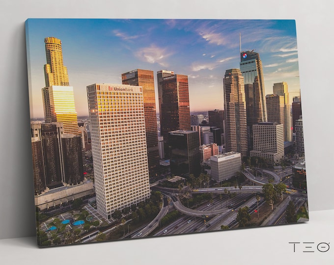 Los Angeles Wall Art Poster OR Canvas Sunset California Print Aerial Photography Poster of the Downtown City Skyline