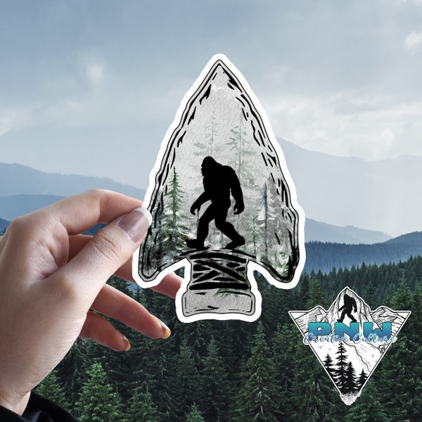 Bigfoot watercolor walking in forest, Arrow Head - Waterproof Vinyl Decal/Sticker - Available in Multiple Sizes! Sasquatch