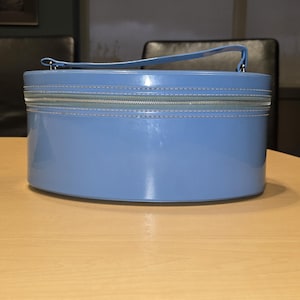 Könnte beinhalten: Ein hellblaues, ovales Kosmetiketui mit silbernem Reißverschluss und passendem Griff. Das Etui besteht aus glänzendem Material und steht auf einer hellen Holzoberfläche. Das Etui ist etwa 30 cm lang.