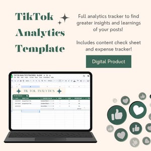 May include: Image of a digital TikTok Analytics Template. The image shows a laptop displaying a spreadsheet, with the words "TikTok Analytics Template." The text also mentions a content check sheet and expense tracker.