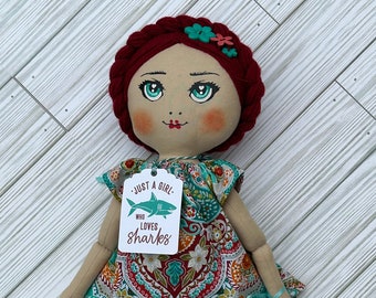 16"  "Just a girl who loves sharks" Doll with stuffed Shark. Handmade doll, Cloth doll, Rag doll, Dress up doll, Art doll, OOAK doll