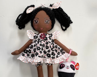 14” Miranda and her pet panda, Handmade doll, Cloth doll, Rag doll, Dress up doll, Art doll, OOAK doll