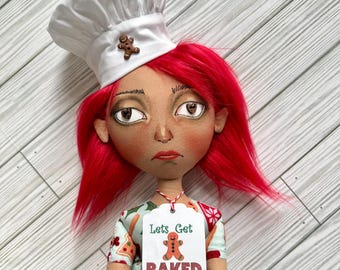 Handmade 19" Christmas Cloth Doll "Let's Get BAKED", OOAK, Art Doll