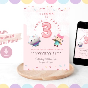 May include: Pink and white printable birthday invitation with a pink number 3, confetti, and the text "Eliana is Three-Tastic". The invitation includes the details of the party, including the date, time, and location.