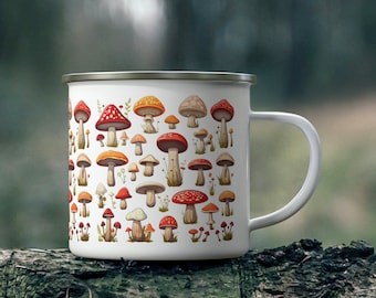 Mushroom Enamel Camp Mug: Hand-Painted Forest Design