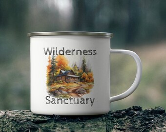 Taza de camping esmaltada con diseño de cabaña de troncos: Taza para fogata de otoño